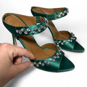 Malone Souliers Teal Satin Heels with Crystal Accents